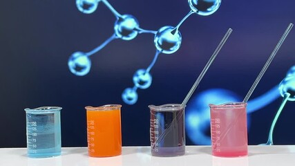 Scientist placing glass stirrers into colorful liquid beakers in laboratory with molecular structure background - Powered by Adobe