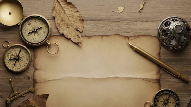 Vintage paper with compasses pen and decorative items on a wooden table flat lay arrangement