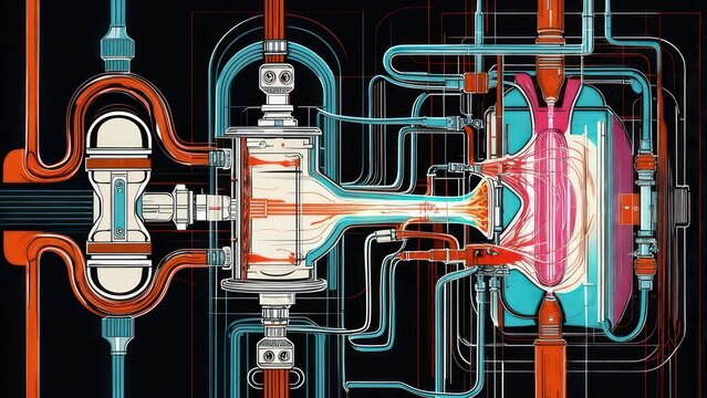 Abstract Machine Illustration with Pipes and Tanks on Black Background. - Powered by Adobe