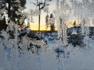Frost patterns on frozen winter window as a symbol of Christmas wonder. In the middle of the window is a misted space for your product or lettering.