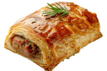 Savory pastry wrapped around seasoned meat and herbs, creating a delightful culinary masterpiece with a golden crust isolated on transparent background