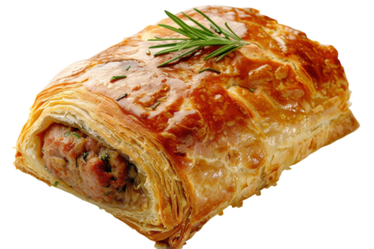 Savory pastry wrapped around seasoned meat and herbs, creating a delightful culinary masterpiece with a golden crust isolated on transparent background
