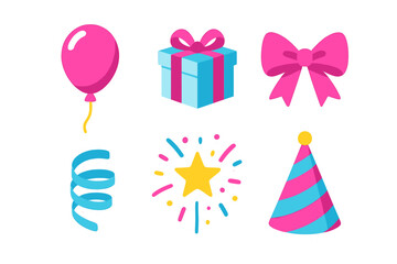 Assortment of bright and colorful party celebration elements including balloon, gift box, decorative bow, streamer, star confetti, and party hat