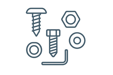 Assortment of essential hardware fasteners and tools like screws, nuts, washers, and an Allen wrench