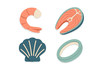 Vibrant stylized collection of fresh seafood items featuring shrimp, salmon steak, scallop shell, and calamari rings