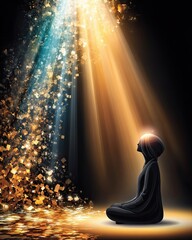 Creative abstract focus artwork - Futuristic abstract path - Abstract digital decision making concept - Serene Meditation in Golden Light Shower with Divine Aura for business innovation and futuristic