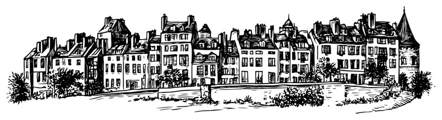 Old European Townhouses Street Sketch Vector