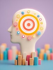 Strategic choice and balance art - Creative visionary journey - Abstract digital decision making concept - Abstract Human Head with Target Symbols and Cityscape on Purple Background for business innov