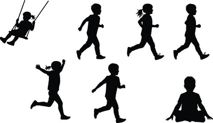 Silhouettes of children, in various poses, running, swinging, and sitting, showing different activities and movements, isolated on white