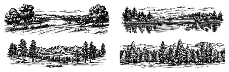 Vintage Landscape Engraving Set Forest Lake and Mountains Vector © Tomas