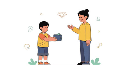 Child Paying With Wallet, Adult Receiving Payment, Financial Transactions Illustration