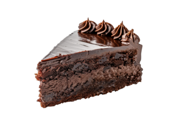 Indulgent slice of rich chocolate cake with creamy frosting, perfect for dessert lovers at a cozy café isolated on transparent background