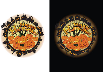Circular 'Happy Halloween!' design with pumpkin pile, spooky town skyline, and bare trees, ideal for festive decorations, autumnal events, and holiday apparel