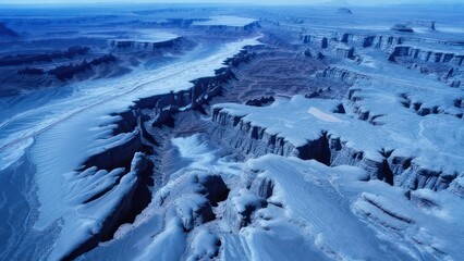 Aerial view of a vast, icy landscape with deep canyons and rugged terrain under a blue sky.