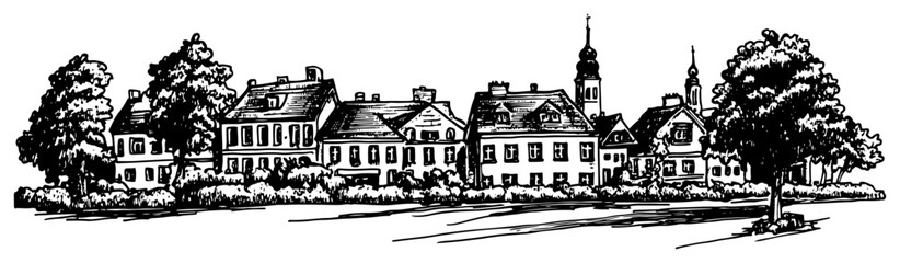 Fototapeta premium Historic European Village Street With Church Vintage Engraving Vector