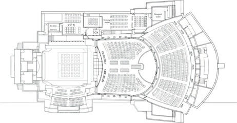 Vector art of architectural floor plan of a grand theater with a large seating capacity and stage