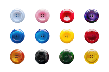 Colorful buttons arranged neatly in a grid on a light background, showcasing a vibrant display of artistic craft and design isolated on transparent background