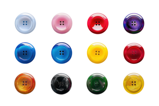 Colorful buttons arranged neatly in a grid on a light background, showcasing a vibrant display of artistic craft and design isolated on transparent background