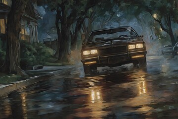 Glossy pavement glistens under dim light as a moving car appears blurred in the rainy atmosphere.