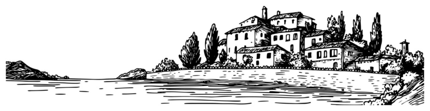Tuscan Villa by Lake Panorama Line Art Vector