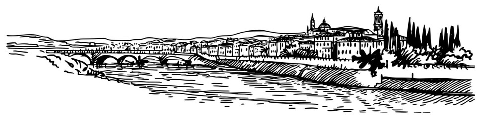 Obraz premium Old Town Riverside Bridge Landscape Hand Drawn Vector