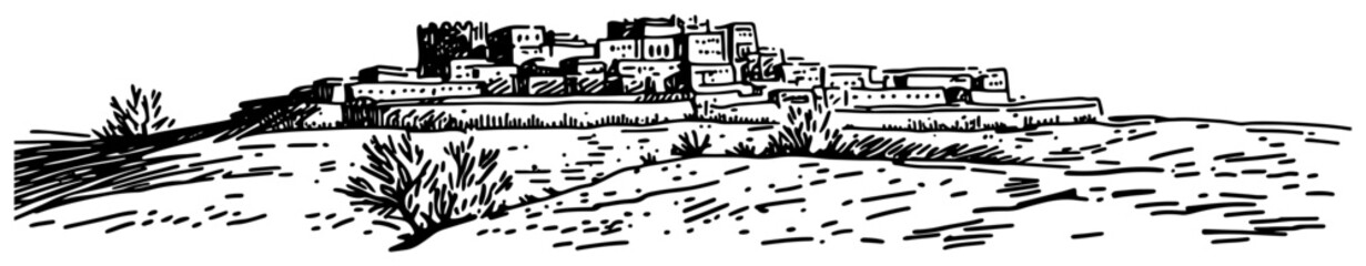 Obraz premium Desert Hilltop Village Panorama Vintage Engraving Vector