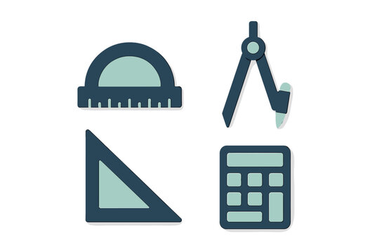 Essential geometry and mathematics tools set including protractor compass set square and calculator for school education