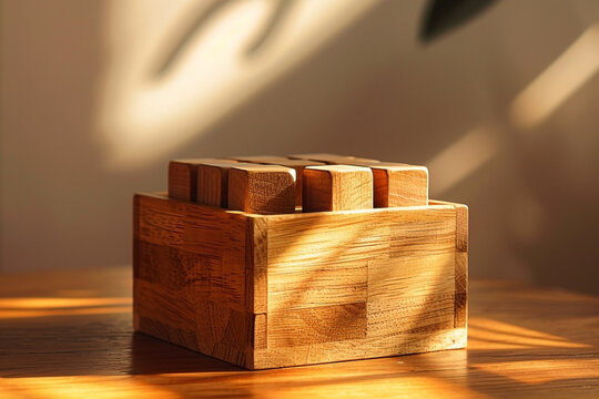 Sunlit wooden soma cube puzzle game sitting on a table evokes a sense of calm and strategy