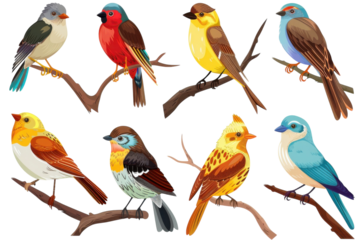 A vibrant collection of colorful birds perched on branches, showcasing diverse species in a lively natural setting isolated on transparent background