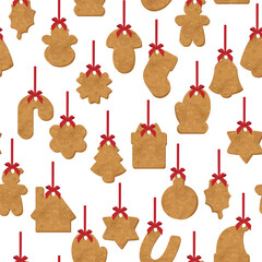 Seamless vector pattern with gingerbread Christmas cookies hanging on red ribbons. Festive holiday background with traditional shapes for winter celebration and decoration.