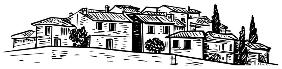 Tuscan Hilltown Village Panorama Line Art Vector