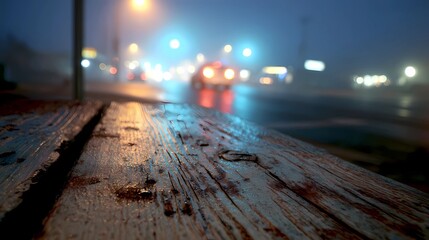 Glossy pavement glistens under dim light as a moving car appears blurred in the rainy atmosphere.