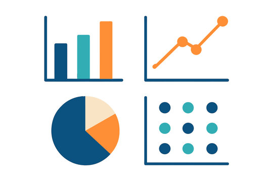 Collection of diverse business data visualization charts including bar, line, pie, and scatter graphs for analytics