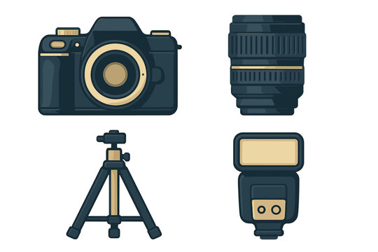 Professional photography equipment set including camera, lens, tripod, and flash unit for creative visual content creation