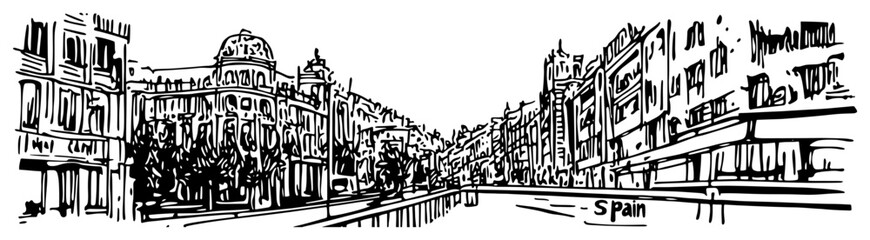 Barcelona Boulevard Cityscape Spain Hand Drawn Vector
