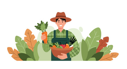 Farmer with fresh produce in a rural scene, a vibrant illustration of agriculture