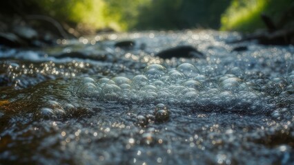 Fototapeta premium Close-up of a bubbling stream with sunlight reflecting on the water.