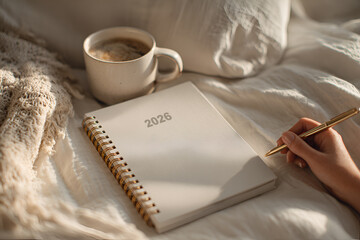 A diary planner for 2026, on a table with coffee and dessert.