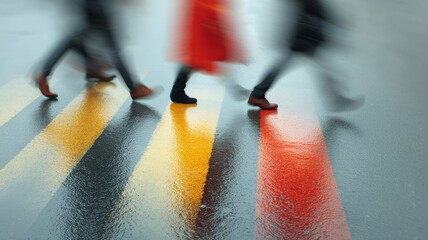 street crossing from ground level, feet and shadows of pedestrians above