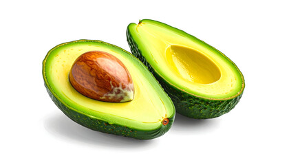 Two avocado halves are displayed on a white background, one with a pit and the other without, showcasing the green flesh and texture.