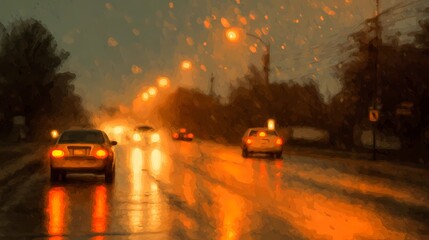 Rain-covered asphalt reflects lights while a car passes by, creating a dramatic and atmospheric street view.