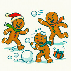 Square vector illustration of three gingerbread men wearing scarves and hats happily playing a snowball fight in the snow with a present nearby, symbolizing New Year joy, Christmas fun, festive play.