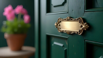 A golden blank metal nameplate, empty space ornate brass frame detail, isolated on dark green vintage wooden door - classic elegant entrance sign, custom house address, name tag, office label concept