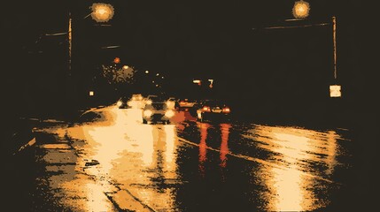 Rain-covered asphalt reflects lights while a car passes by, creating a dramatic and atmospheric street view.