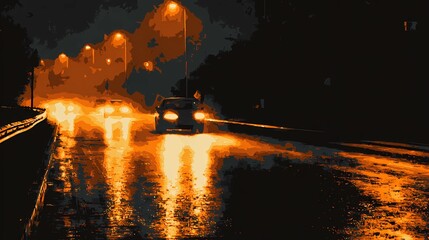 Rain-covered asphalt reflects lights while a car passes by, creating a dramatic and atmospheric street view.