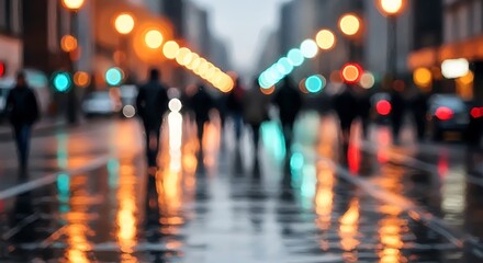 Fototapeta premium Blurred Cityscape with Pedestrians on a Wet Street at Dusk or Dawn