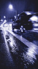 Rain-covered asphalt reflects lights while a car passes by, creating a dramatic and atmospheric street view.