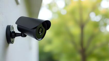 A modern black security camera mounted on exterior white wall, outside house with soft green foliage - home security, safety, surveillance, detection, high technology, property protection concept 