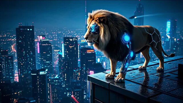 Cyborg lion overlooking a futuristic city at night