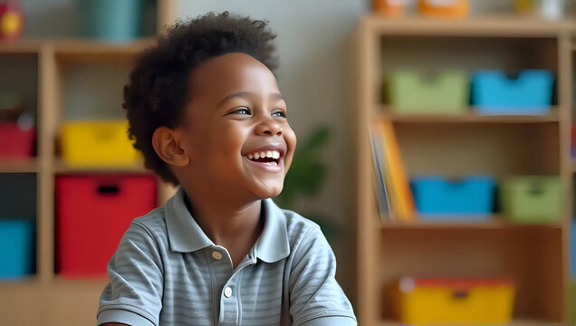 Portrait of happy young African American boy laughing, colorful preschool or kindergarten classroom background - joyful childhood and early education concept 